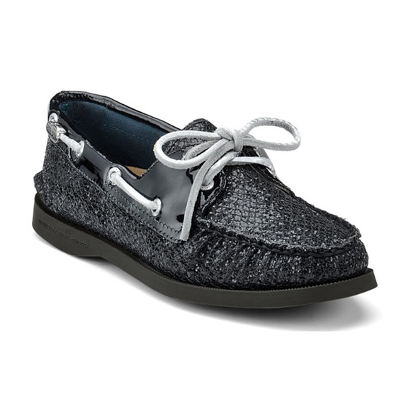 Sperry Black Sparkly Top- Siders/Boat Shoes Size 6.5 - Picture 2 of 15